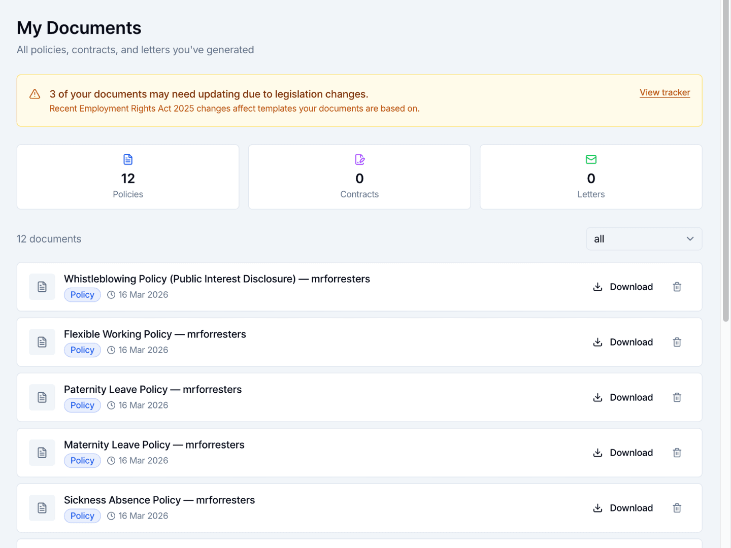 HR document generation interface showing customised UK employment policy templates, contracts and letters