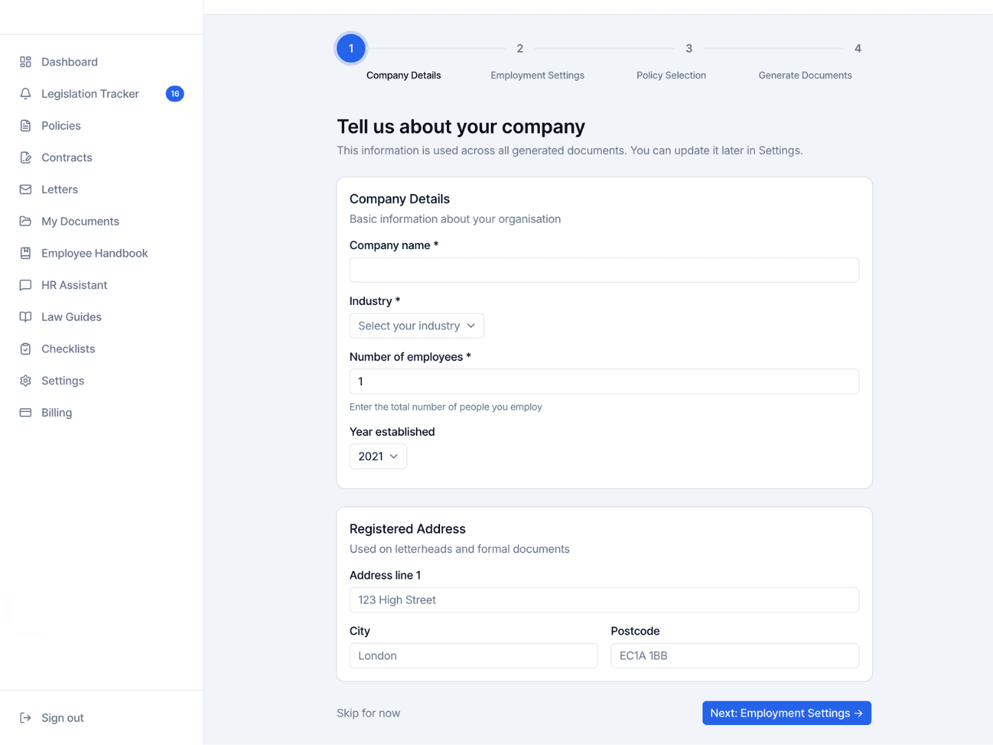 Company setup wizard collecting business details for HR document customisation